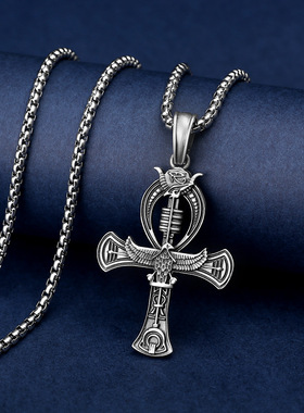 古埃及象形文字死者转生符号吊坠十字章男士项链复古钛钢嘻哈项链