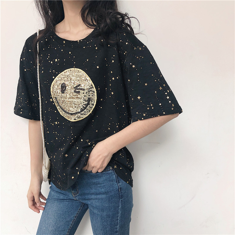 Large size fat mm smiley face Sequin Star Craft Short Sleeve T-Shirt Top Bottom summer girl