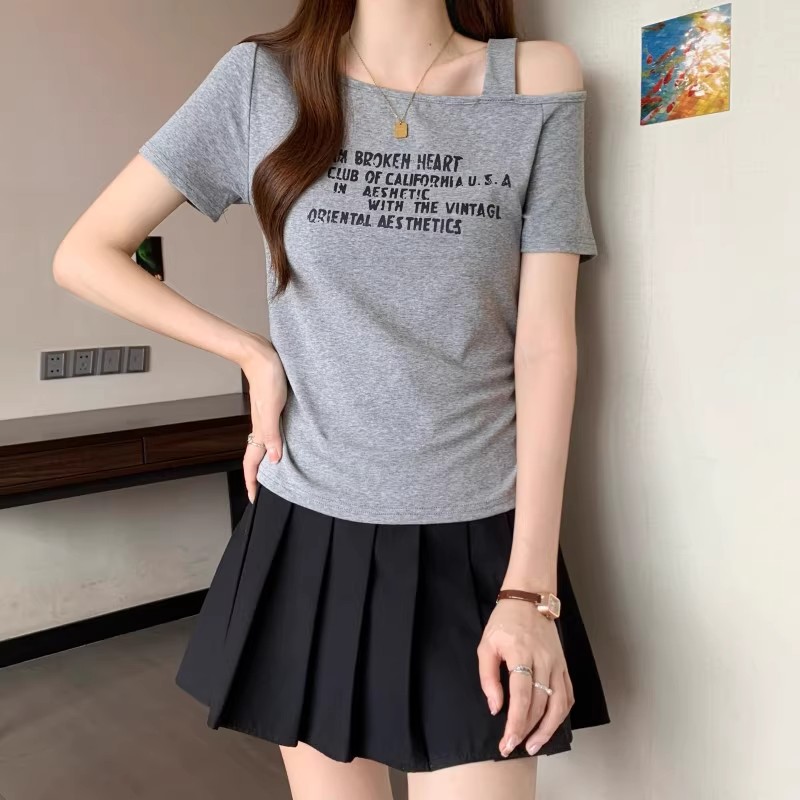 美式复古斜肩短袖t恤女夏季新款