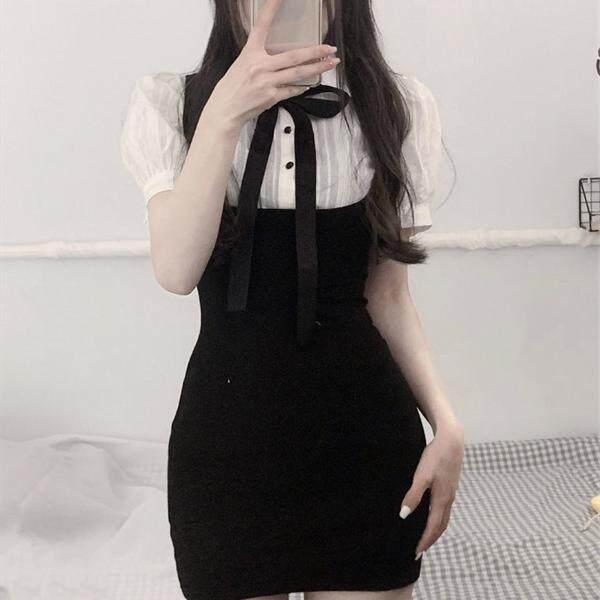 韩系JK制服挂脖背带连衣裙白色收腰衬衫女纯欲辣妹包臀裙背带套装