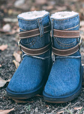 澳洲代购SHEARERS正品牛仔布羊皮羊毛一体中筒靴2017成龙定制款