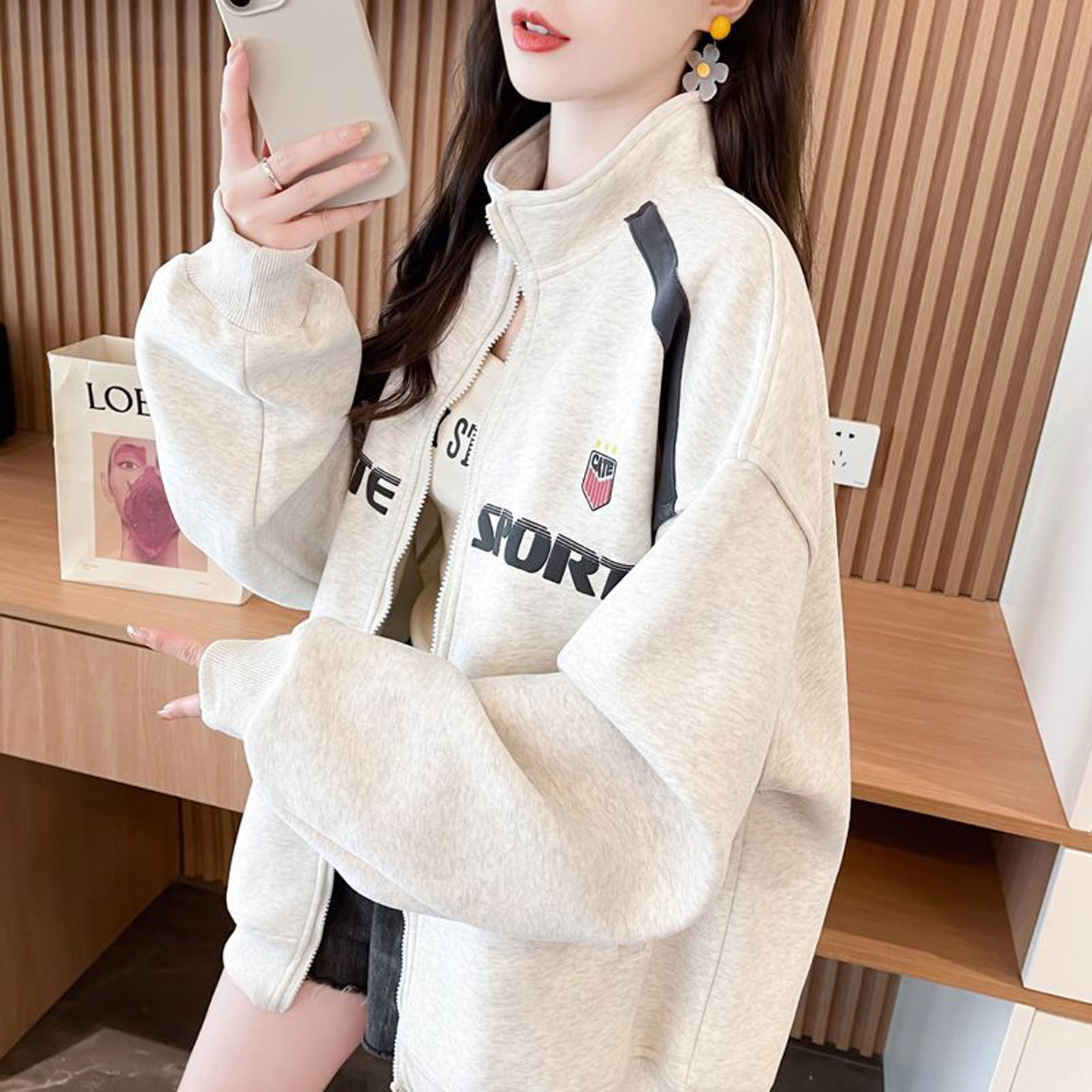 拼色立领字母印花开衫薄外套女