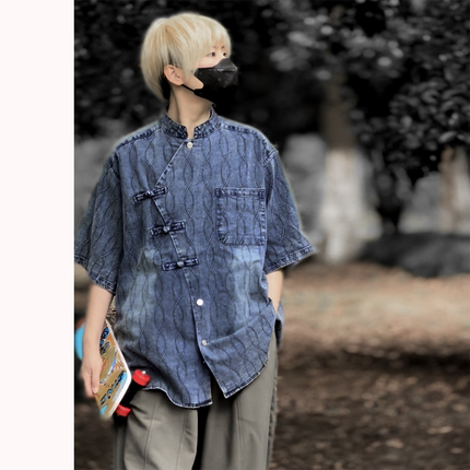 短袖衬衫男牛仔布薄款中式斜扣复古盘扣立领宽松美式风衬衣男短袖