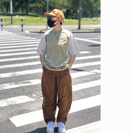 棒球短袖男 日系复古拼接纯棉彩线插肩袖圆领T恤宽松廓形垂感上衣