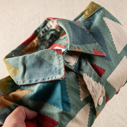 日系复古纯棉水洗潮流印花 宽松休闲长袖衬衫男式秋季百搭花衬衣