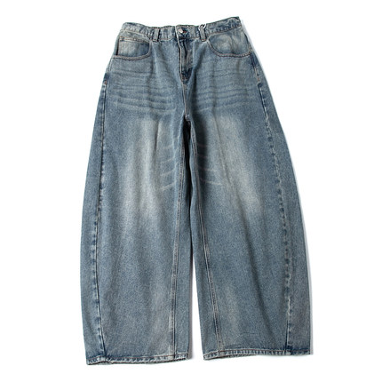 炸街牛仔裤男美式水洗弯刀vintage休闲阔腿长裤宽松廓形老爹裤子