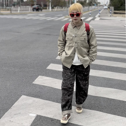 户外衬衫男潮美式复古春季新品纯棉水洗工装多口袋时尚长袖衬衣男