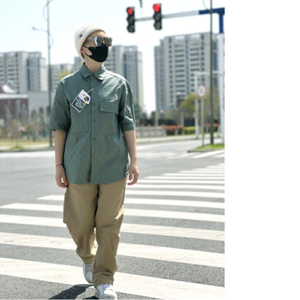 户外短袖男日系美式风叠穿炸街衬衫夏季暗格纹提花工装口袋衬衣男