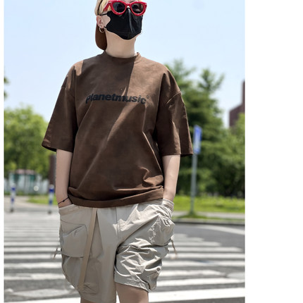 防晒短袖男日系复古夏季扎染圆领工装风T恤简约印花宽松半袖上衣