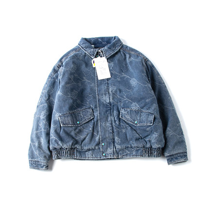 工装风棉袄男美式复古户外保暖牛仔棉服冬季翻领做旧提花加厚棉衣