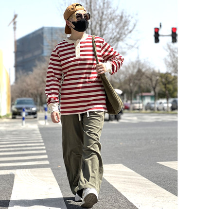 男生酷帅上衣重磅阿美咔叽美式复古撞色条纹长袖T恤打底海魂衫男