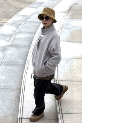 拉链纯棉卫衣美式复古立领针织开衫插肩袖宽松廓形休闲棒球服外套