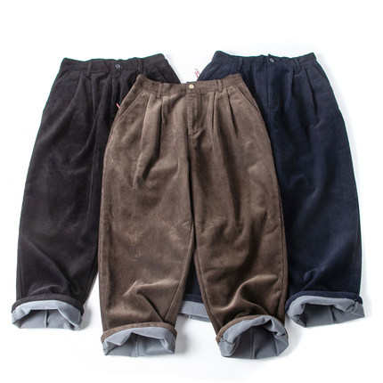 加绒灯芯绒男裤潮日系锥形宽松加厚休闲裤双褶廓形阔腿直筒长裤子