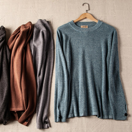 秋季新款纯棉日系宽松休闲圆领套头线衣针织衫男式毛衣纯色打底衫