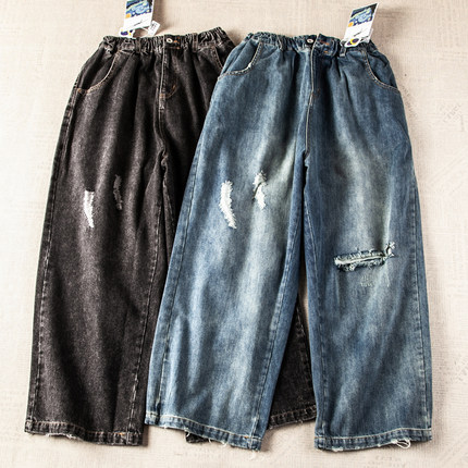 日系港风City Boy港风复古街头破洞阔腿直筒宽松休闲工装牛仔裤男