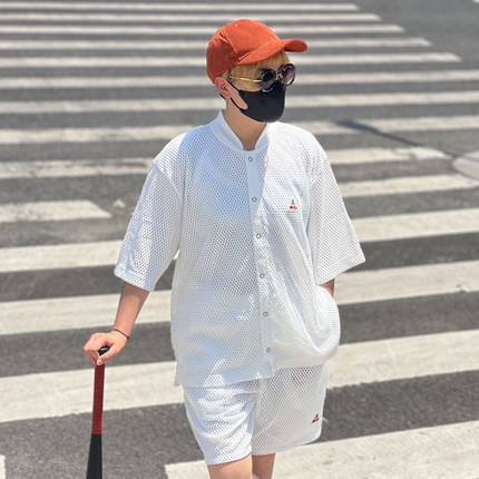 网眼短袖男街头city boy美式复古棒球领开衫T恤廓形运动打球开衫