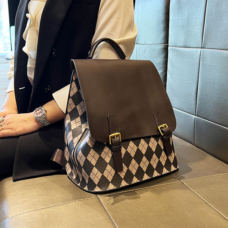 LEATHER BACKPACK WOMENS 2024 NEW WOMENS HIGH-QUALITY TEXTURE PLAID PRINT HANDBAG WOMENS FASHION CASUAL BACKPACK