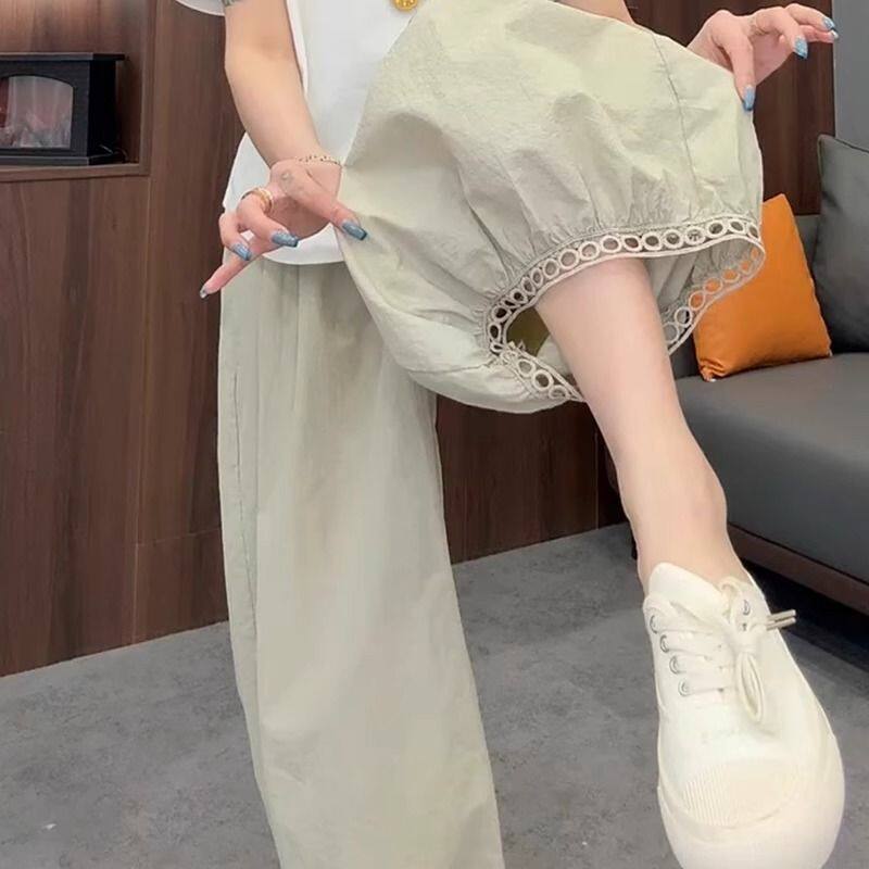 梨形身材白色高腰镂空灯笼裤女大码胖妹妹时尚宽松束脚阔腿休闲裤