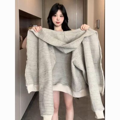 连帽卫衣外套女春秋季2025新款韩系慵懒拉链条纹开衫上衣早秋穿搭