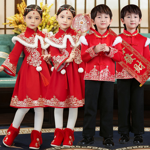 新款拜年服男童冬季女童过年服加厚红色唐装儿童古装汉服新年套装