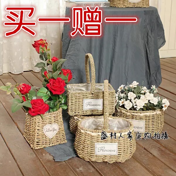 草编花篮藤编花盆创意手工编织欧式插花绿萝多肉柳编壁挂摆件手提