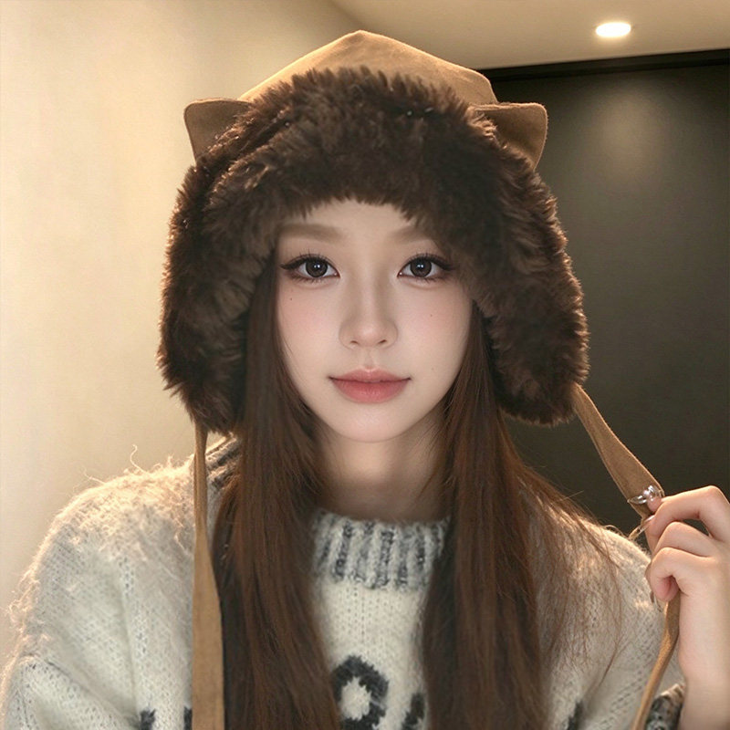 冬季加绒护耳猫耳渔夫帽女款