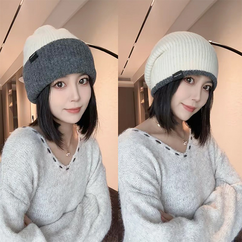 一帽多戴撞色双层针织帽子女秋冬