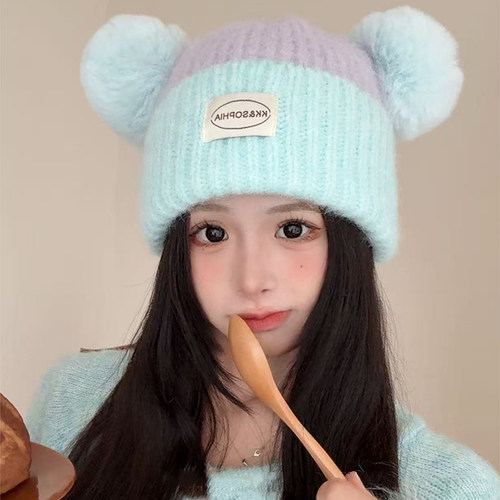 多巴胺拼色可爱毛球保暖针织帽
