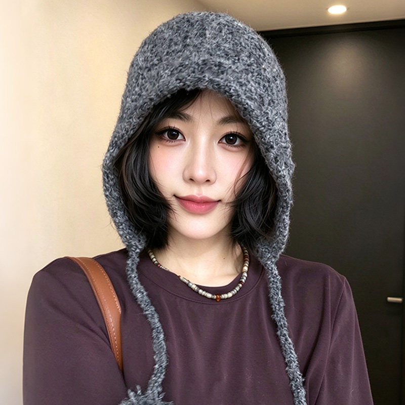 韩系复古毛球系带羊毛混纺毛线帽