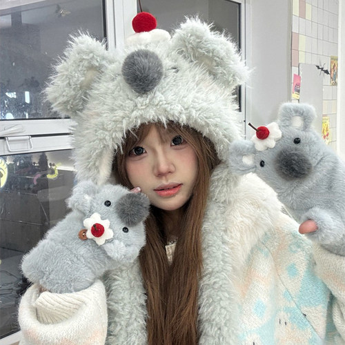 可爱耳朵会动考拉毛绒帽子女冬季