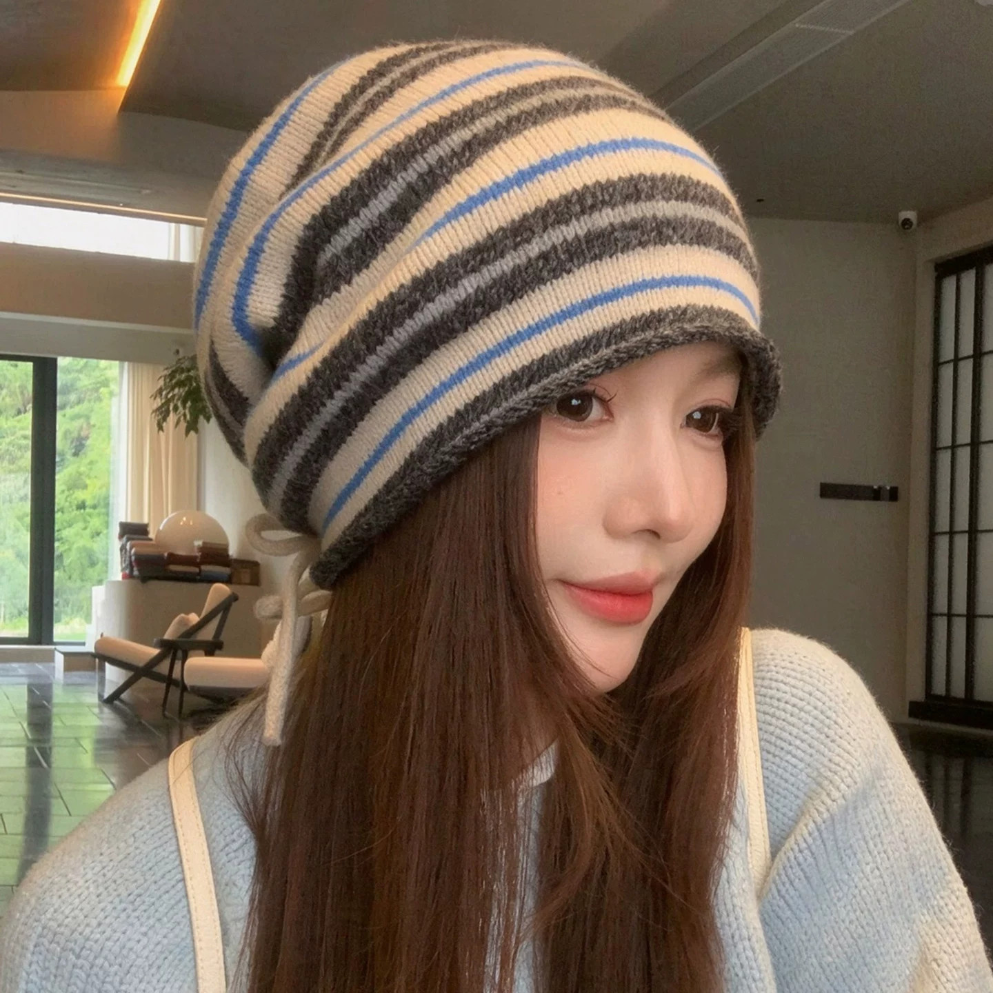 日系复古条纹保暖护耳堆堆帽女