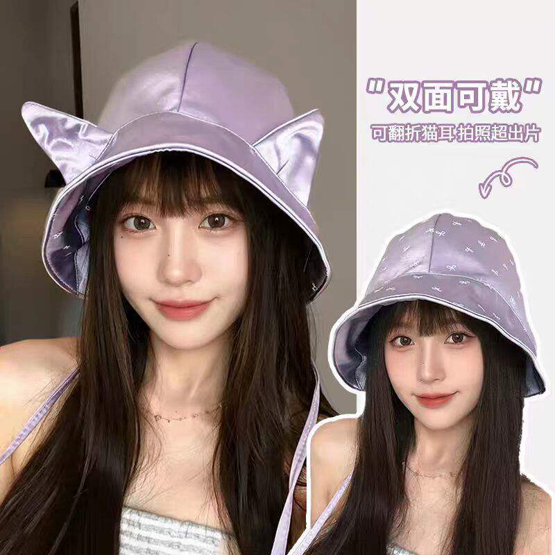 夏季可爱猫耳绑带水桶帽显脸小
