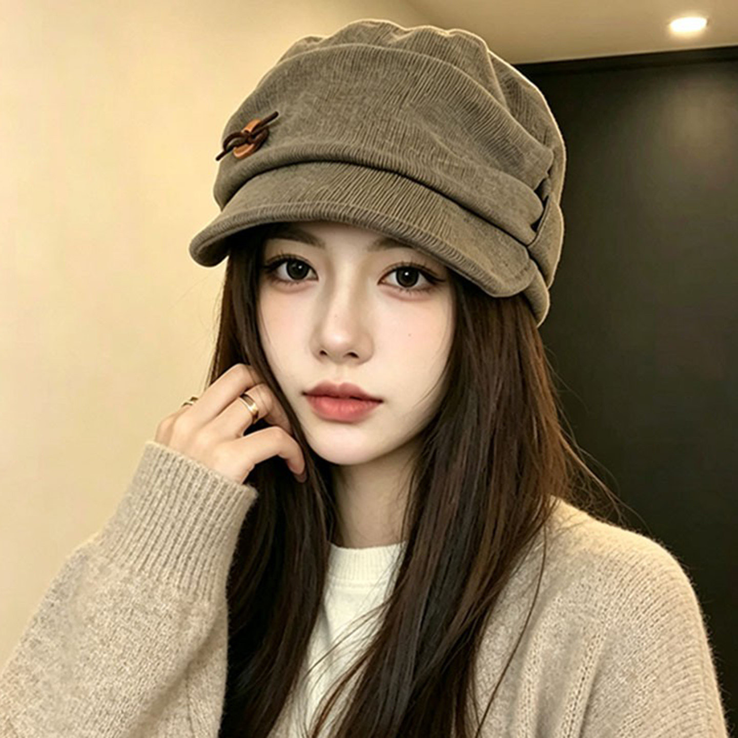 复古纽扣蝴蝶结褶皱马术帽大头围帽子女秋季文艺贝雷帽平顶鸭舌帽