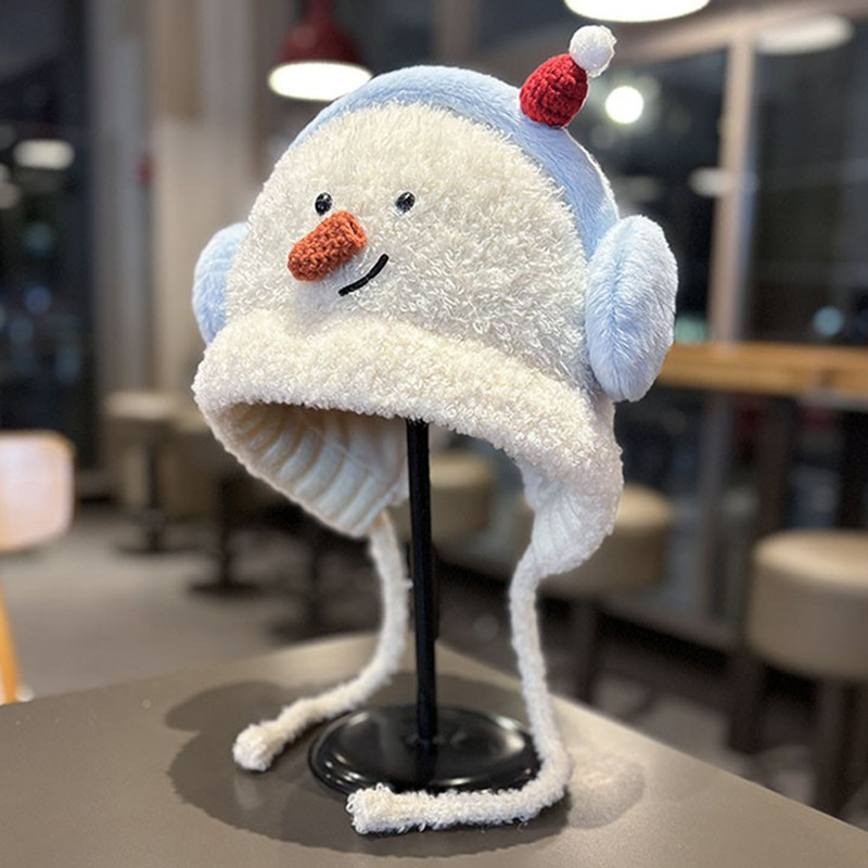 可爱雪人毛绒绑带针织帽子女冬季