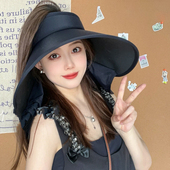 大檐防晒帽子女夏出游遮脸可扎马尾空顶披肩护颈遮阳帽骑行渔夫帽