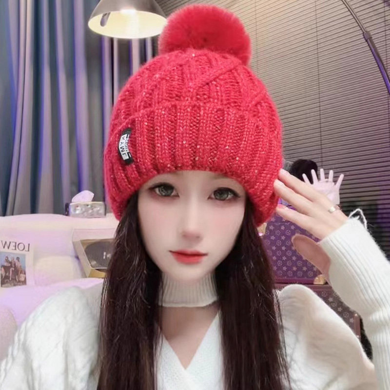 新款韩国毛球亮片毛线帽女秋冬加厚保暖可爱包头帽子百搭针织帽潮