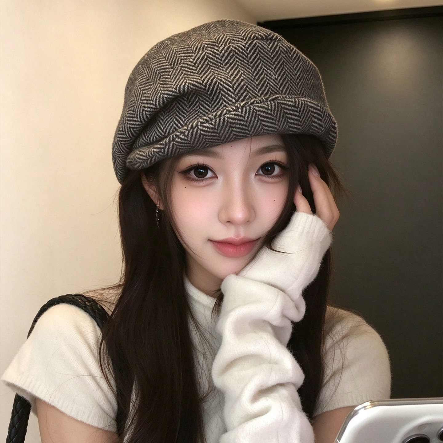 日系条纹复古毛呢八角帽女保暖