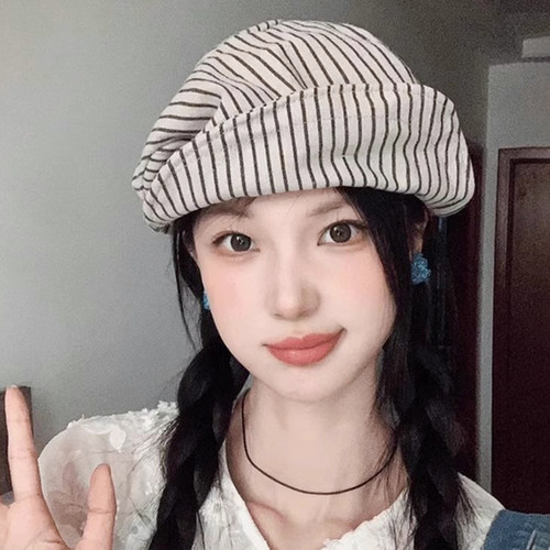 日系文艺复古条纹八角帽透气棉麻
