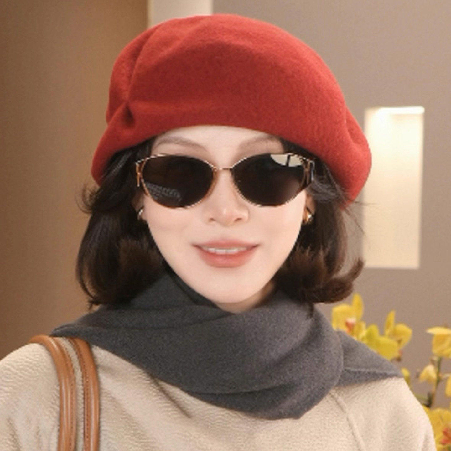 新年红褶皱羊毛贝雷帽子女秋冬季大头围优雅气质保暖画家帽蓓蕾帽