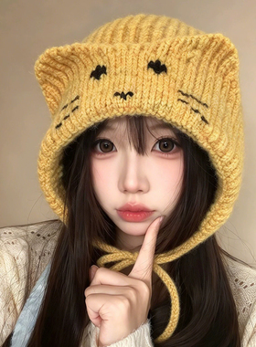 冬季猫耳系带针织帽女保暖护耳