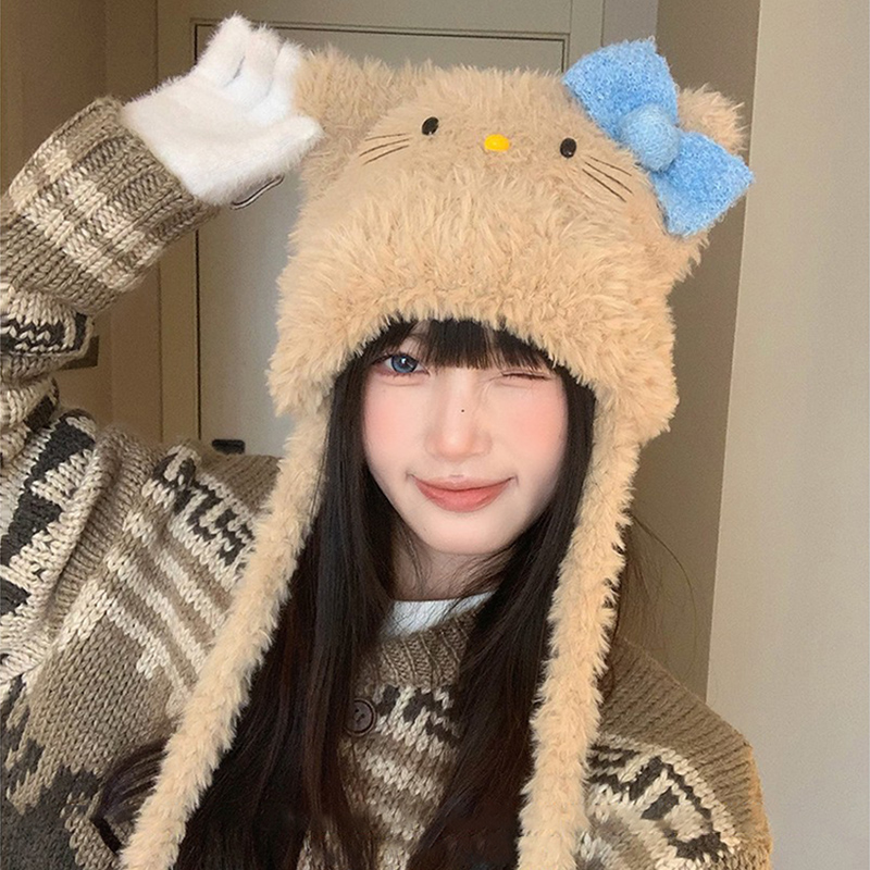 可爱kt猫毛绒护耳雷锋帽子女秋冬