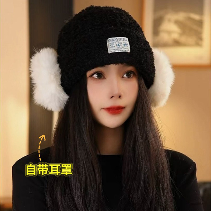 2025新款韩系毛绒贴布针织帽子女冬季保暖防寒护耳帽显脸小毛线帽,服饰配件/皮带/帽子/围巾,帽子,淘宝优惠券,粉丝福利购,淘宝优惠卷