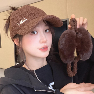 2025秋冬羊羔毛可扎高马尾棒球帽子女骑车保暖护耳宽檐百搭鸭舌帽