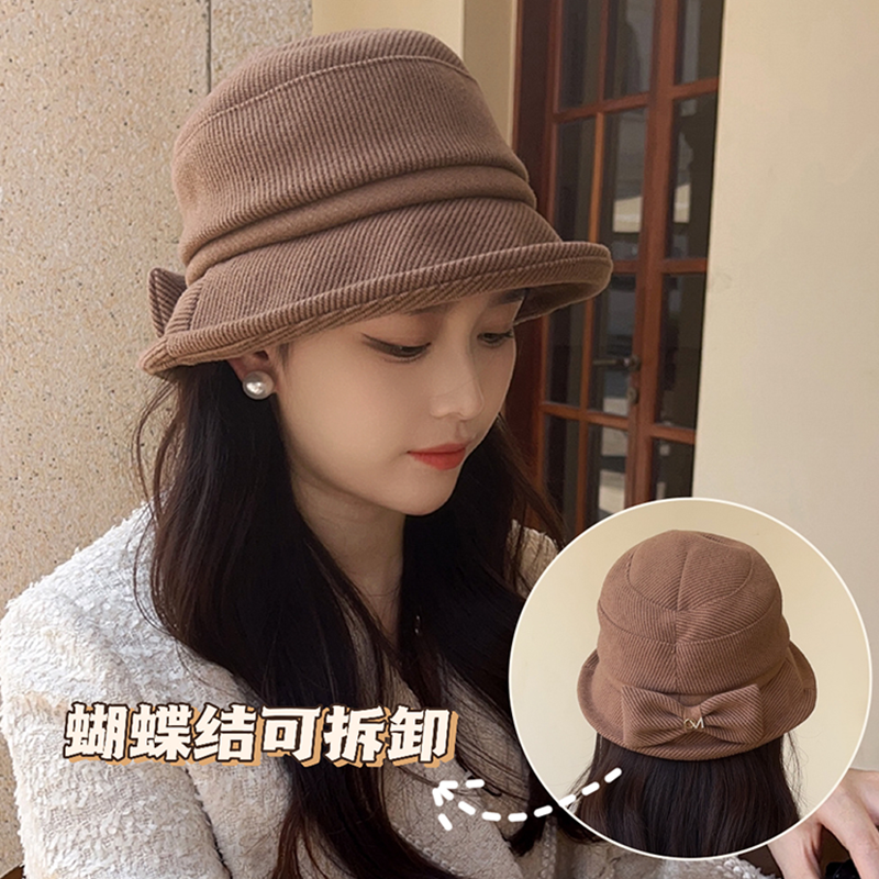 帽子女秋冬季新款渔夫帽毛呢盆帽显脸小休闲帽蝴蝶结妈妈礼帽百搭