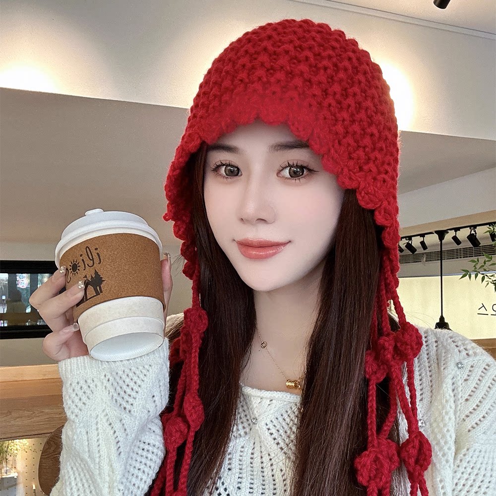 冬季手工时尚流苏球球毛线帽加厚保暖包头帽女护耳绑带针织帽子潮