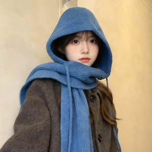 蓝色巴拉克拉法帽女款冬季大头围护耳保暖毛线帽针织帽子围巾一体