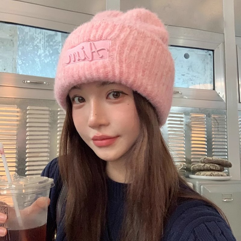 大头围毛线帽针织帽粉色保暖护耳
