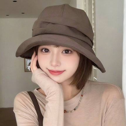 慵懒风褶皱防晒渔夫帽女士夏季轻薄透气遮阳帽子大檐显脸小太阳帽