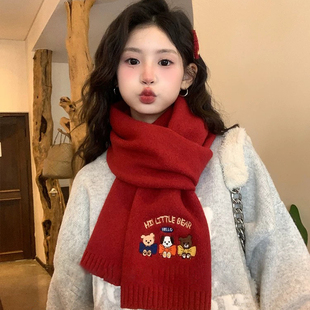可爱小熊刺绣针织围巾女冬季红色学院风保暖加厚百搭围脖2025新款