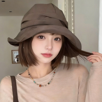 慵懒风褶皱防晒渔夫帽女士夏季轻薄透气遮阳帽子大檐显脸小太阳帽
